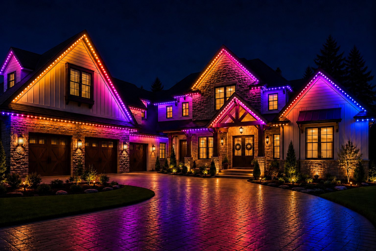 Permanent color-changing LED lighting on a Central Coast home at night