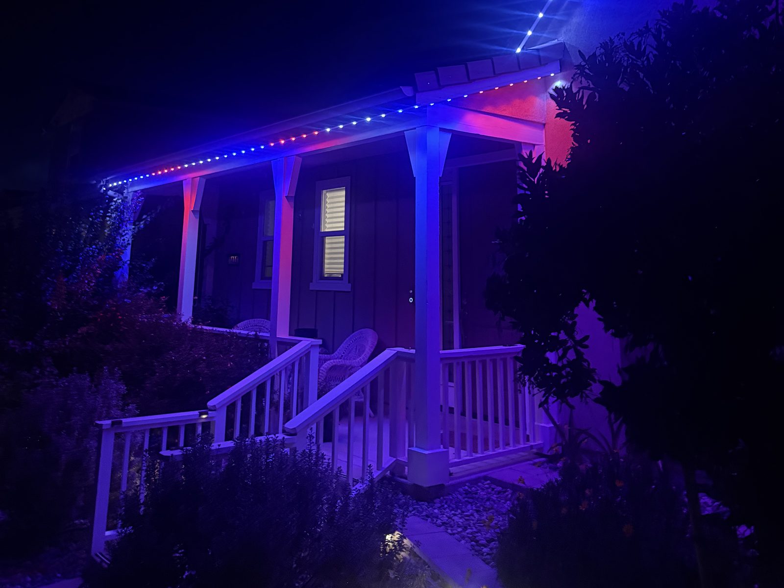 Red, white and blue Fourth of July lighting on a porch